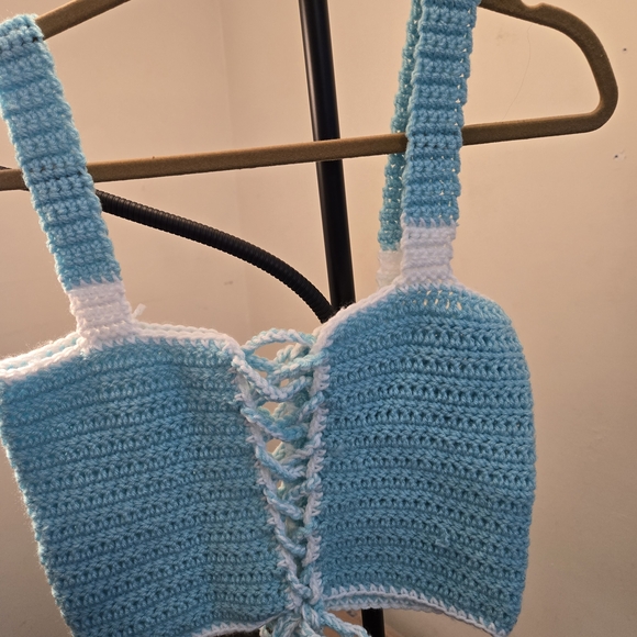 Handmade Tops - Sky Blue and White Crochet Crop Top